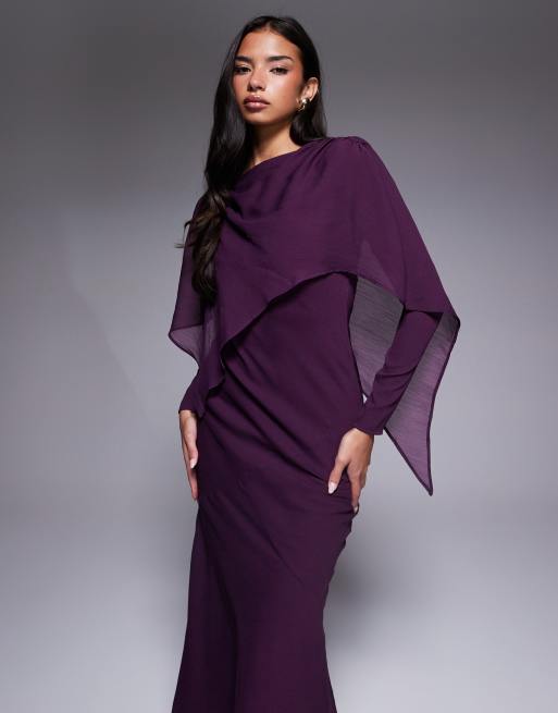 ASOS DESIGN long sleeve asymmetric cape overlay maxi dress in plum