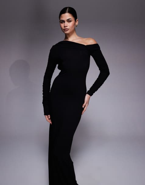 ASOS DESIGN long sleeve asymmetric cold shoulder maxi dress with open back in black - view 1