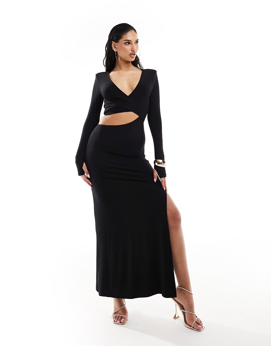 ASOS DESIGN long sleeve asymmetric cut out maxi dress with tie back detail in black