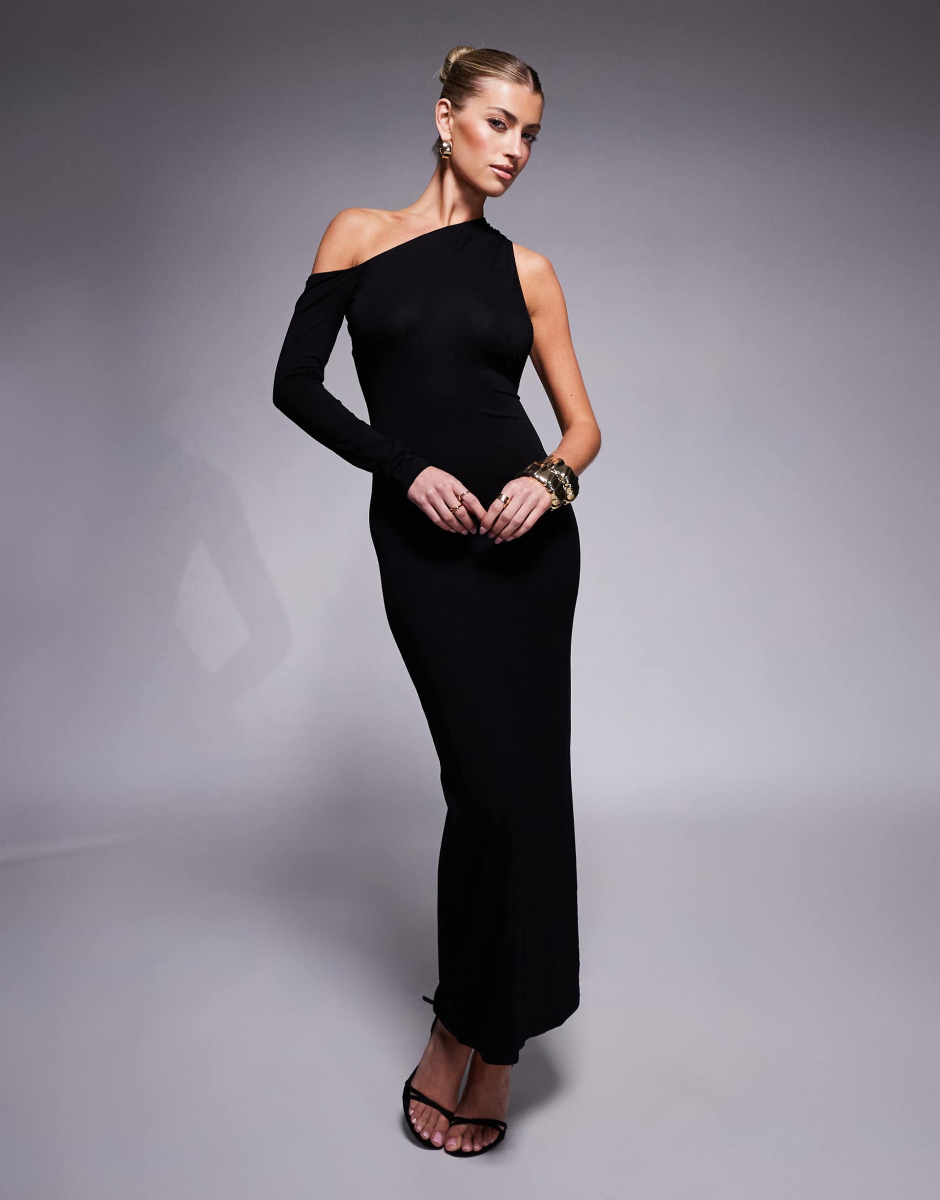 asos design long sleeve asymmetric drape side detail midi dress with trim back in black