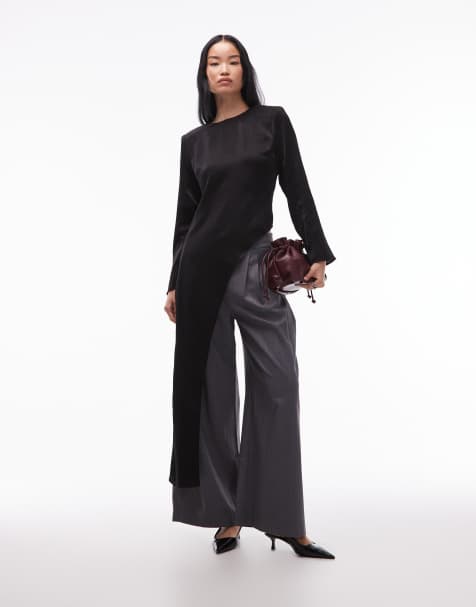 ASOS DESIGN long sleeve asymmetric hem detail top in black - view 1
