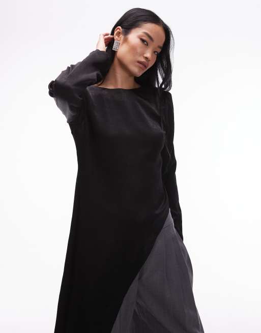 ASOS DESIGN long sleeve asymmetric hem detail top in black
