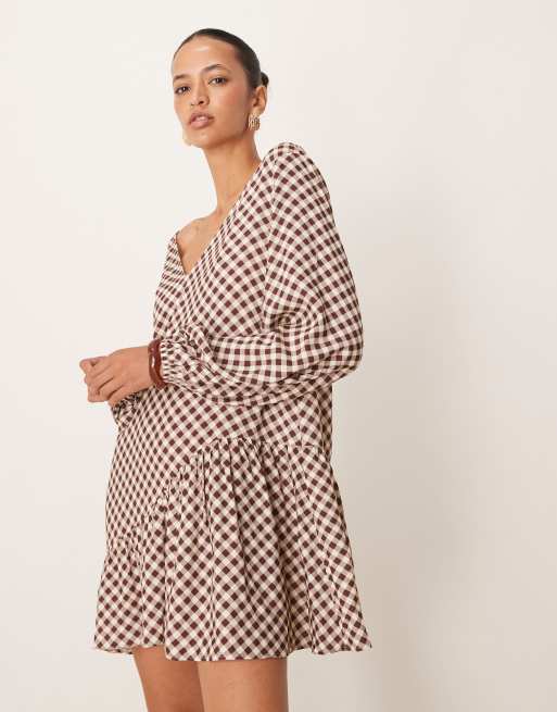 ASOS DESIGN long sleeve asymmetric hem frill detail mini dress in brown check, 2 of 4