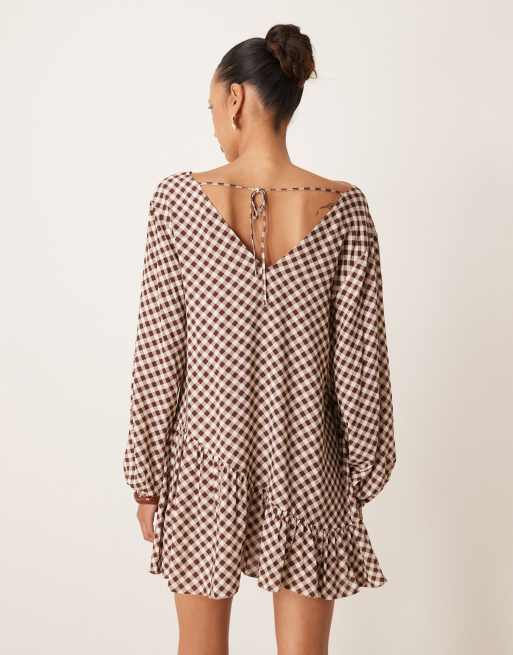 ASOS DESIGN long sleeve asymmetric hem frill detail mini dress in brown check, 4 of 4