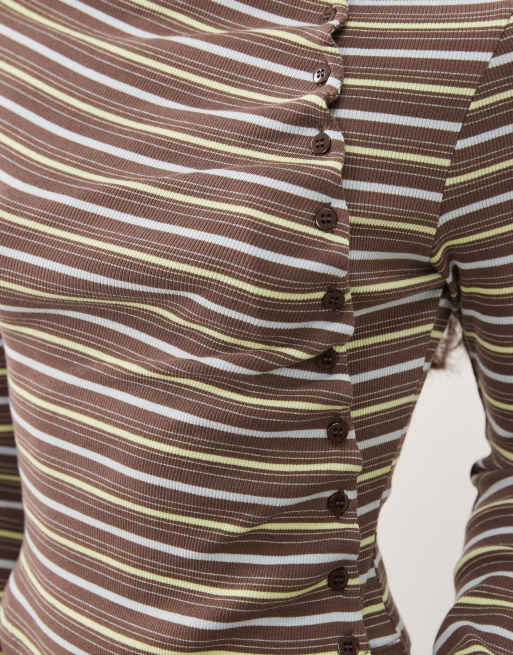 ASOS DESIGN long sleeve asymmetric hem top in brown stripe, 4 of 4