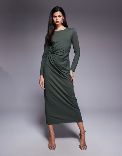 ASOS DESIGN long sleeve asymmetric neck twist side midi dress in khaki - view 1