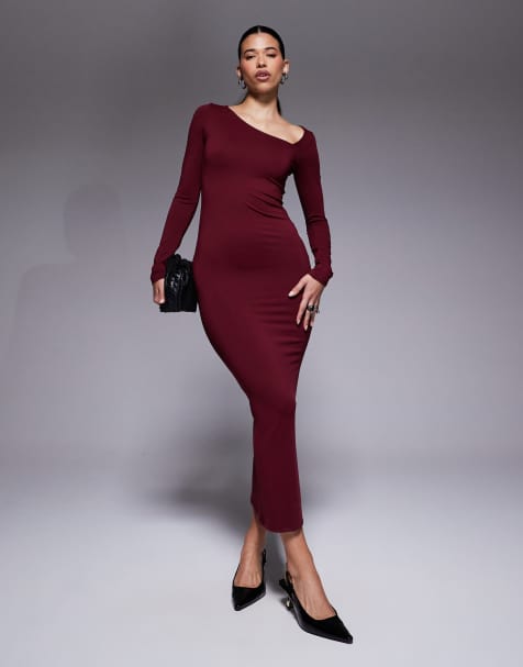 ASOS DESIGN long sleeve asymmetric neckline maxi dress in burgundy - view 1