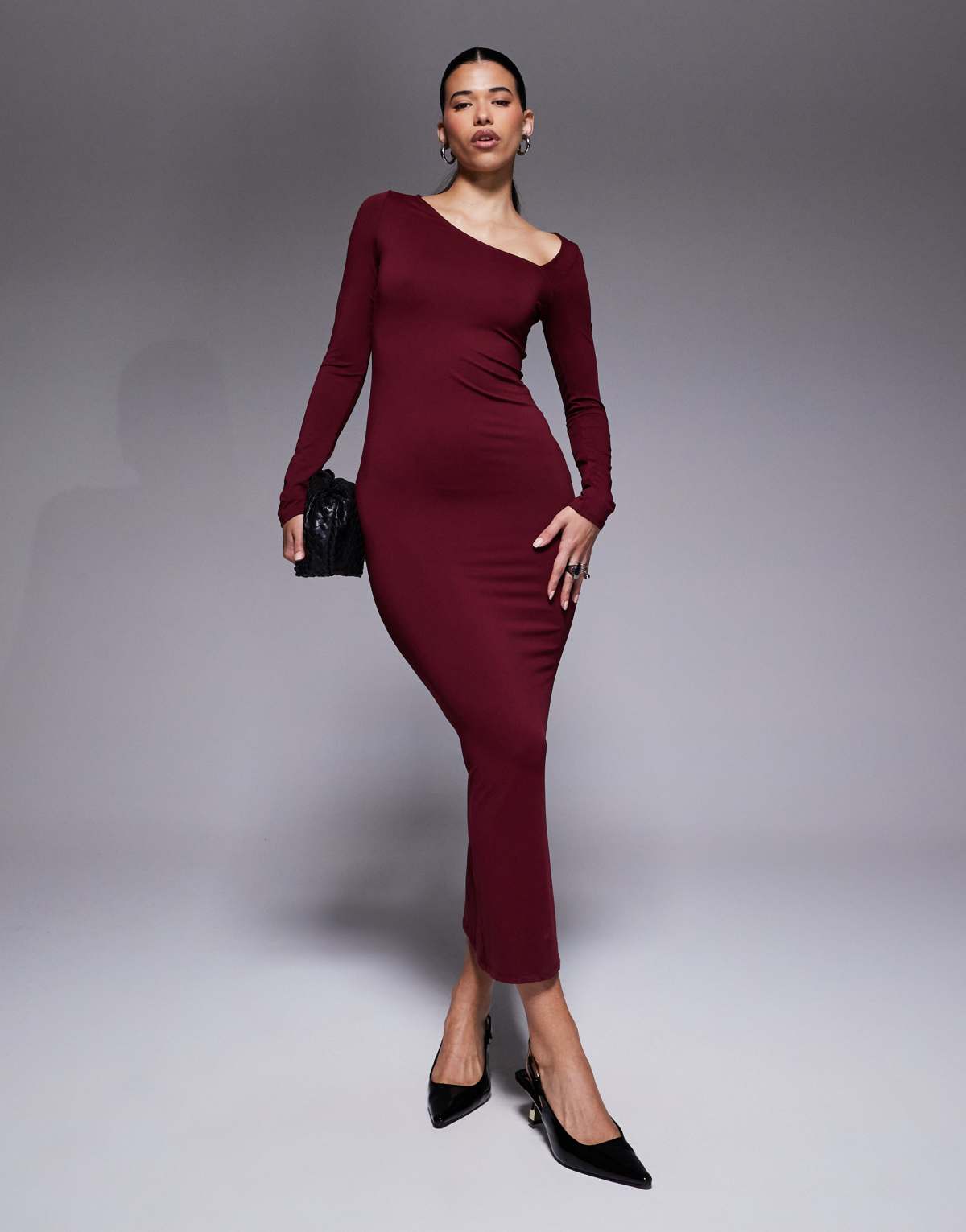 ASOS DESIGN long sleeve asymmetric neckline maxi dress in burgundy
