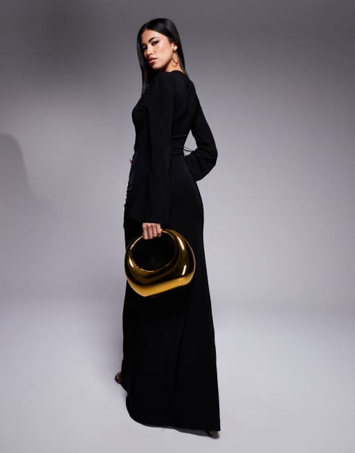 ASOS DESIGN long sleeve asymmetric neckline maxi dress with front tie sash  in black | ASOS
