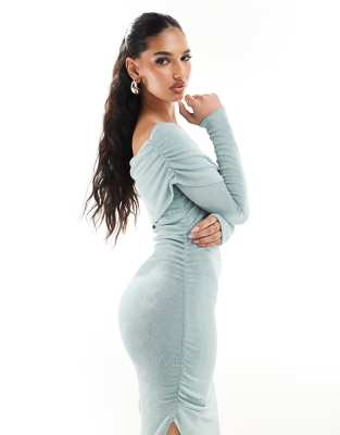 ASOS DESIGN long sleeve asymmetric neckline slinky midi dress in sea blue