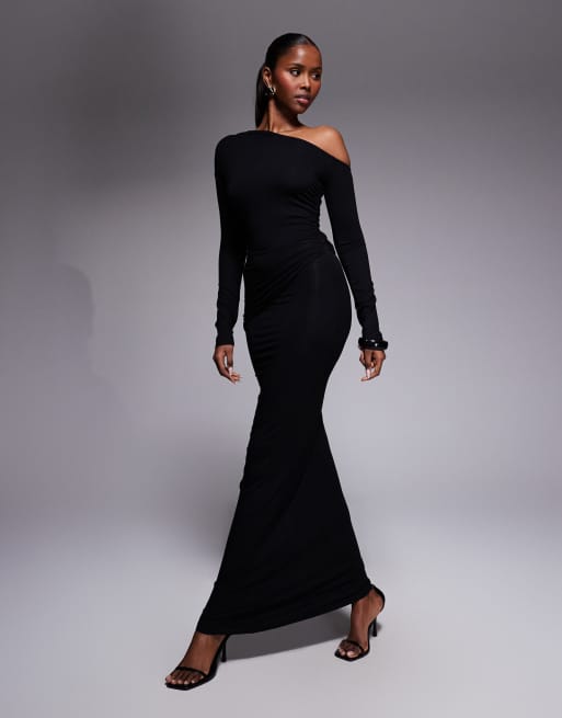 ASOS DESIGN long sleeve asymmetric off shoulder maxi dress with trim back detail in black, 4 of 4