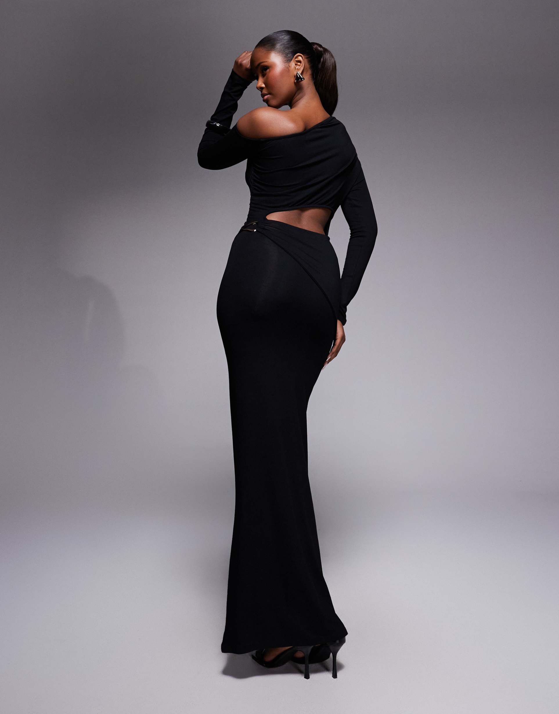 asos design long sleeve asymmetric off the shoulder maxi dress with trim back detailing in black