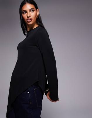 Asos Design Long Sleeve Asymmetric Top In Black