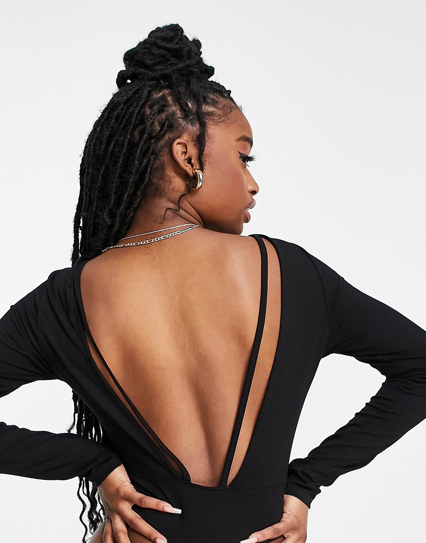ASOS DESIGN long sleeve backless bodysuit with strapping in black