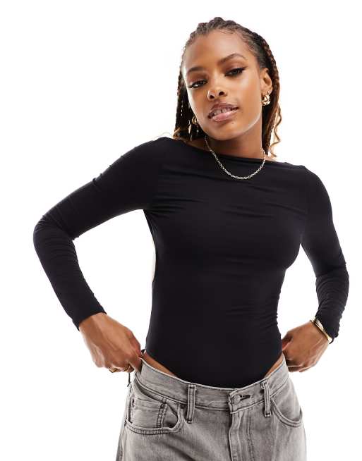 Black Exposed Waist Bodysuit Top