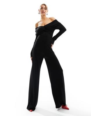 ASOS DESIGN long sleeve bardot jumpsuit with twist detail