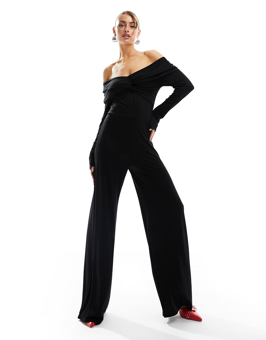 ASOS DESIGN long sleeve bardot jumpsuit with twist detail in black