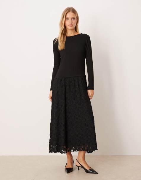 ASOS DESIGN long sleeve bardot lace skirt midi dress in black - view 1