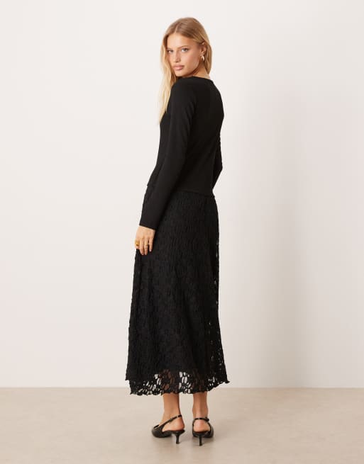 ASOS DESIGN long sleeve bardot lace skirt midi dress in black, 3 of 4