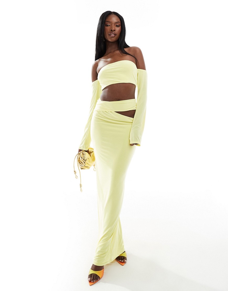 ASOS DESIGN long sleeve bardot maxi dress with side cut out detail in yellow