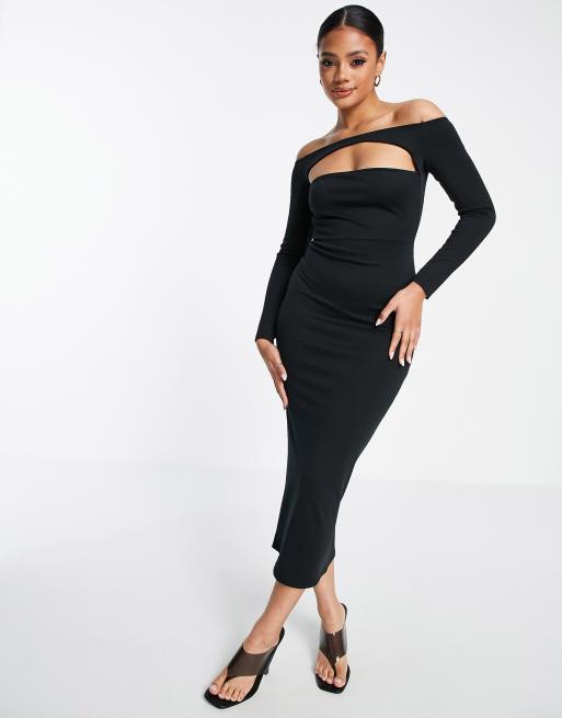 ASOS DESIGN long sleeve Bardot midi bodycon dress with neck cut