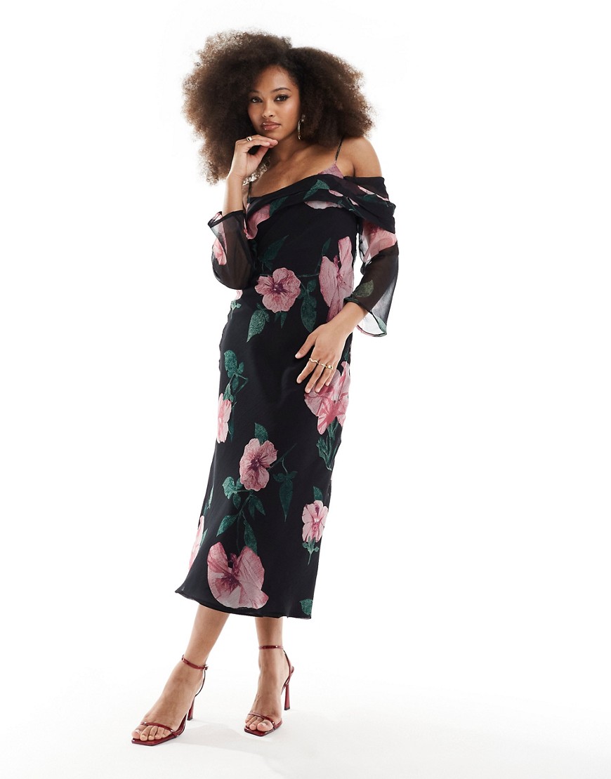 ASOS DESIGN long sleeve bardot midi dress in black floral print-Multi