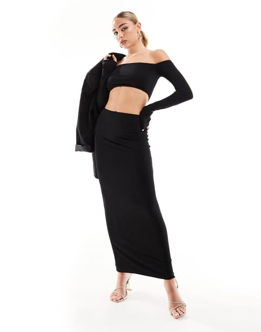 ASOS DESIGN long sleeve bardot midi dress with cut-out in black