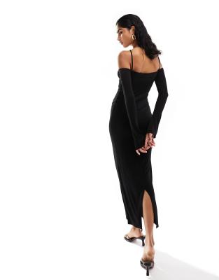 ASOS DESIGN long sleeve bardot midi dress with twist bust and cross straps  in black