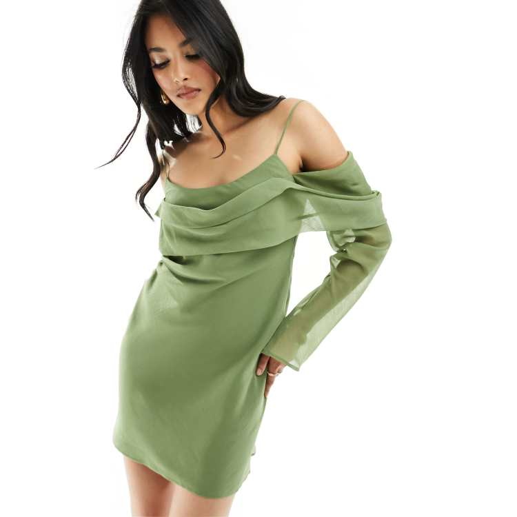 ASOS DESIGN long sleeve bardot mini dress in khaki