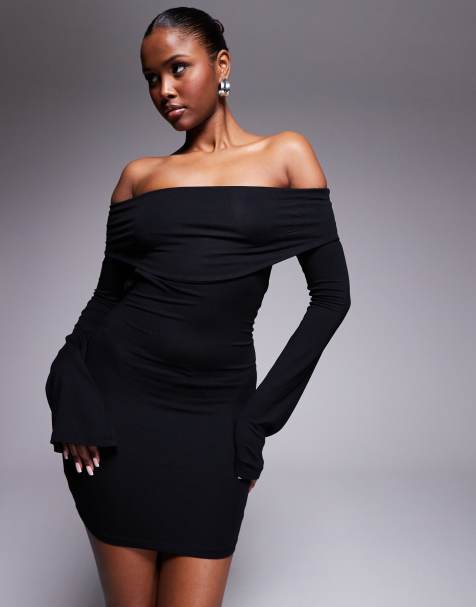 ASOS DESIGN long sleeve bardot mini dress with hardware trim back in black - view 1