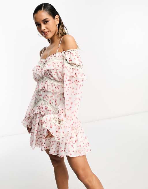 ASOS DESIGN long sleeve bardot mini dress with lace trims in pink ditsy print