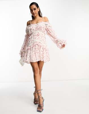 ASOS DESIGN long sleeve bardot mini dress with lace trims in pink