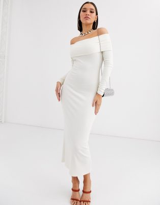 navy and cream bardot asymmetric midi dress