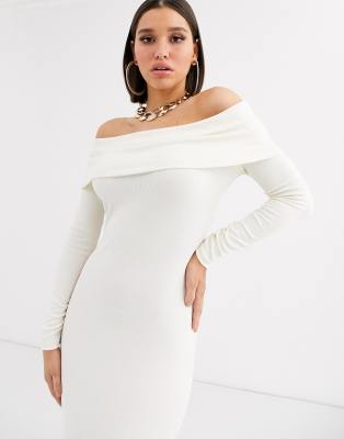 ribbed bardot midi dress