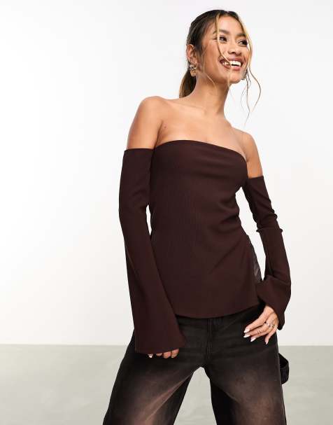 ASOS DESIGN long sleeve bardot top with split hem in chocolate - view 1