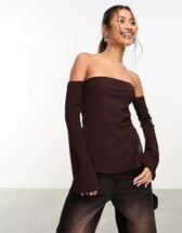 ASOS DESIGN sheer knitted off shoulder top in burgundy