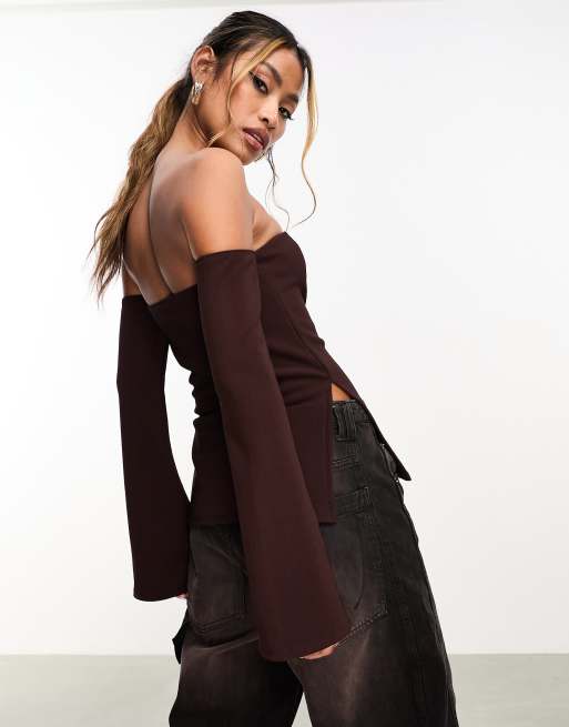 ASOS DESIGN long sleeve bardot top with split hem in chocolate