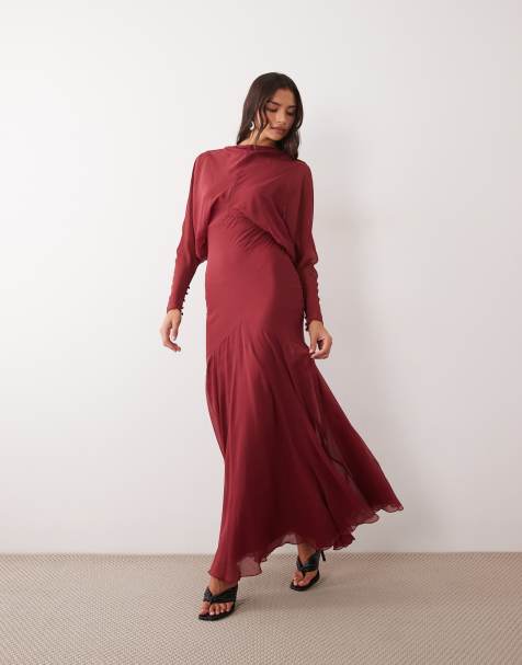 ASOS DESIGN long sleeve batwing bias cut maxi with godet skirt in red - view 1
