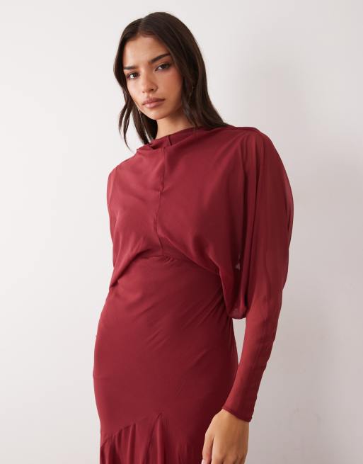 ASOS DESIGN long sleeve batwing bias cut maxi with godet skirt in red, 2 of 4