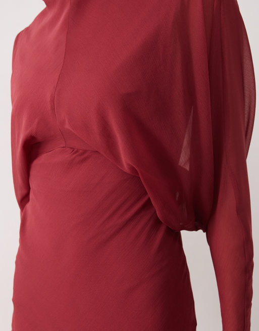 ASOS DESIGN long sleeve batwing bias cut maxi with godet skirt in red, 3 of 4