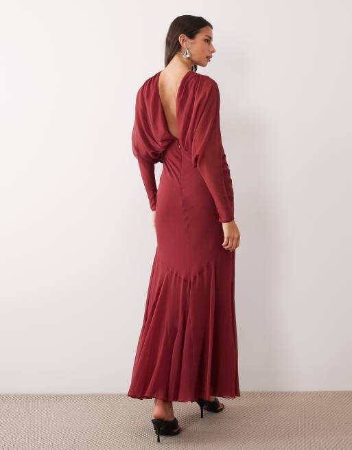 ASOS DESIGN long sleeve batwing bias cut maxi with godet skirt in red, 4 of 4