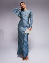 ASOS DESIGN plisse drape long sleeve maxi dress in pastel blurred print