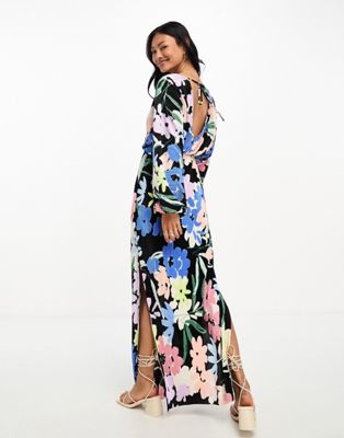 ASOS DESIGN long sleeve batwing midi dress with tie back in black floral