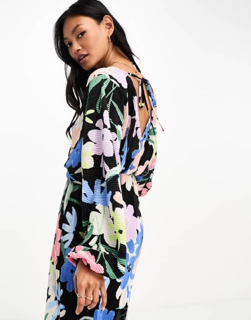 ASOS DESIGN long sleeve batwing midi dress with tie back in black floral