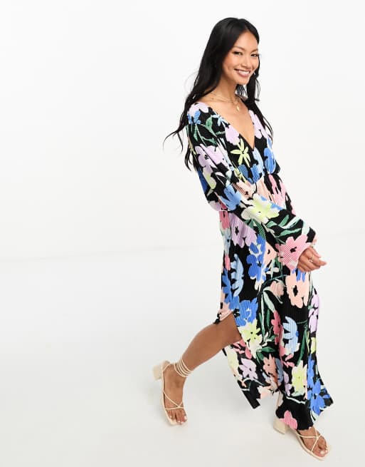 ASOS DESIGN long sleeve batwing midi dress with tie back in black floral