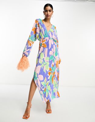 ASOS DESIGN long sleeve batwing midi dress with tie back in purple marble