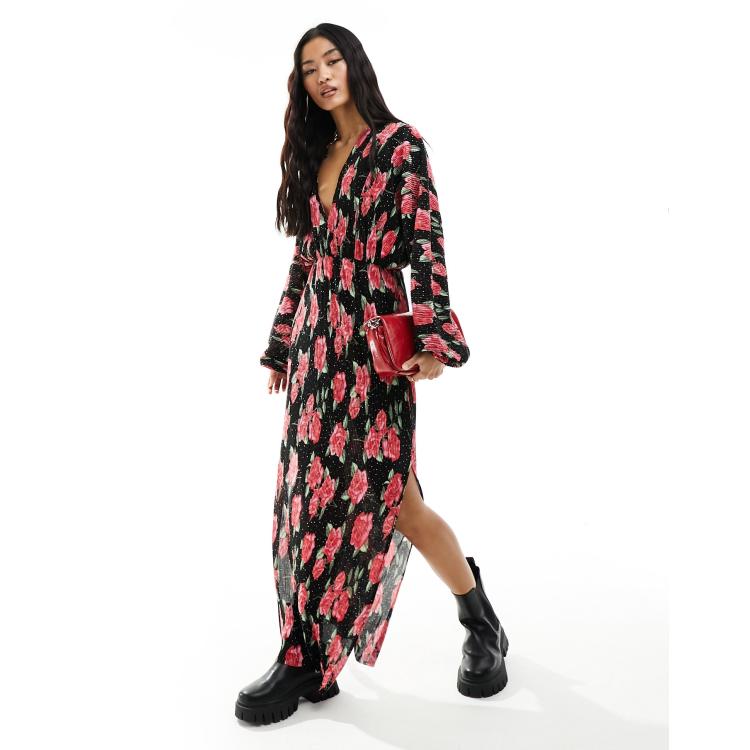 ASOS DESIGN long sleeve batwing plisse midi dress with tie back in black  base red rose print