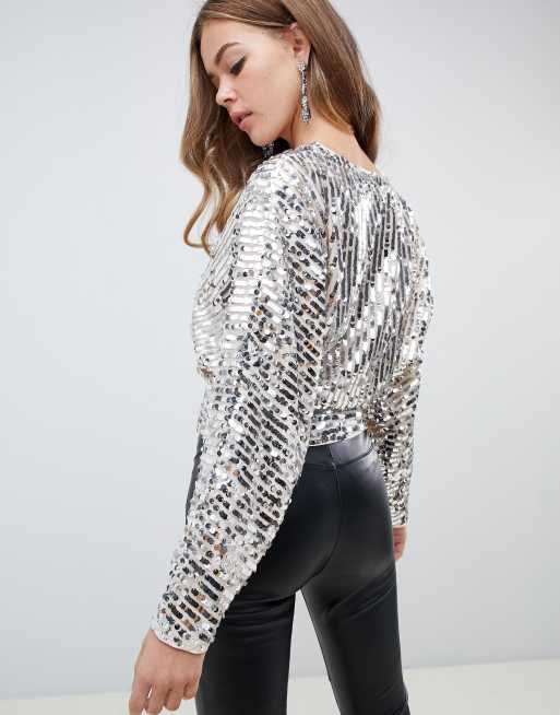 ASOS DESIGN long sleeve batwing sequin wrap top, 2 of 4