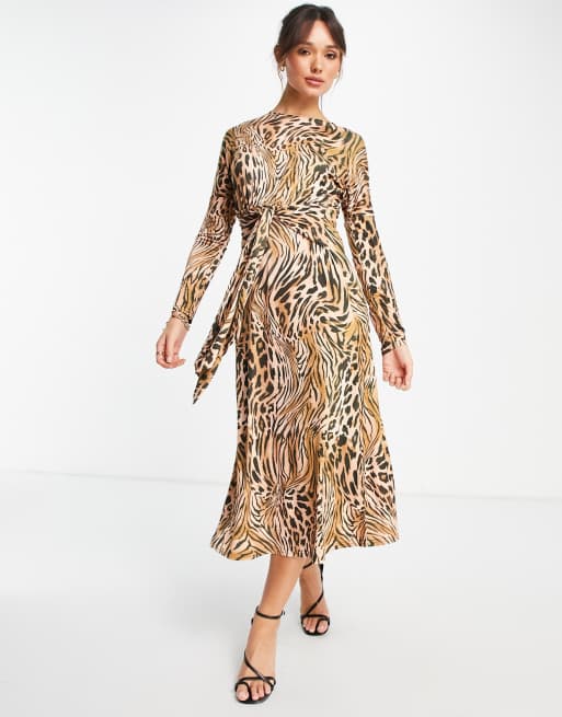 ASOS DESIGN long sleeve belted maxi dress in brown animal print