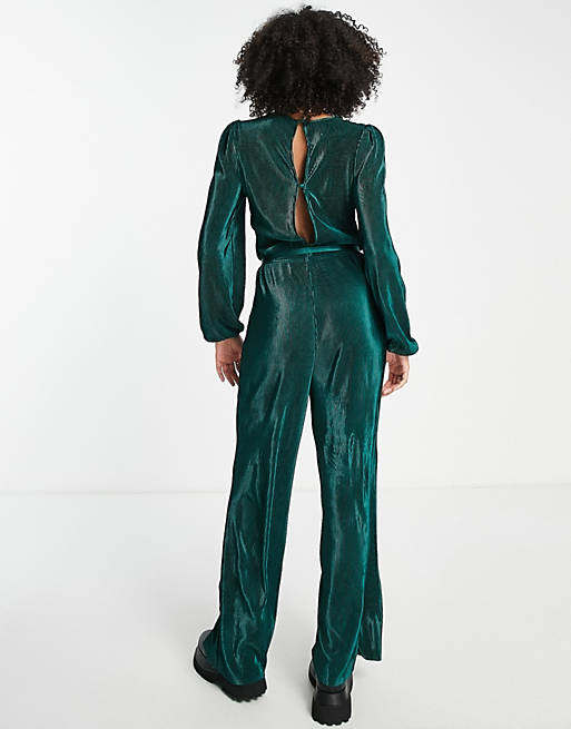 Jumpsuits & Playsuits long sleeve belted plisse jumpsuit in forest green 